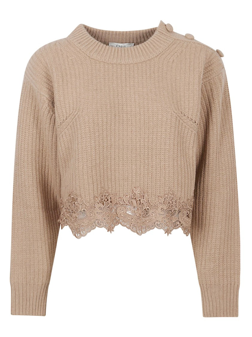 Chloé Wool Cashmere-Blend Lace Trim Turtleneck