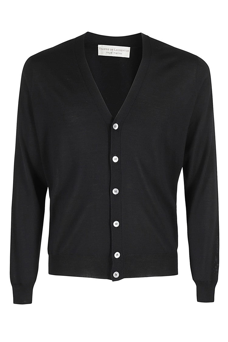 Filippo De Laurentiis Black Merino V-Neck Button Cardigan