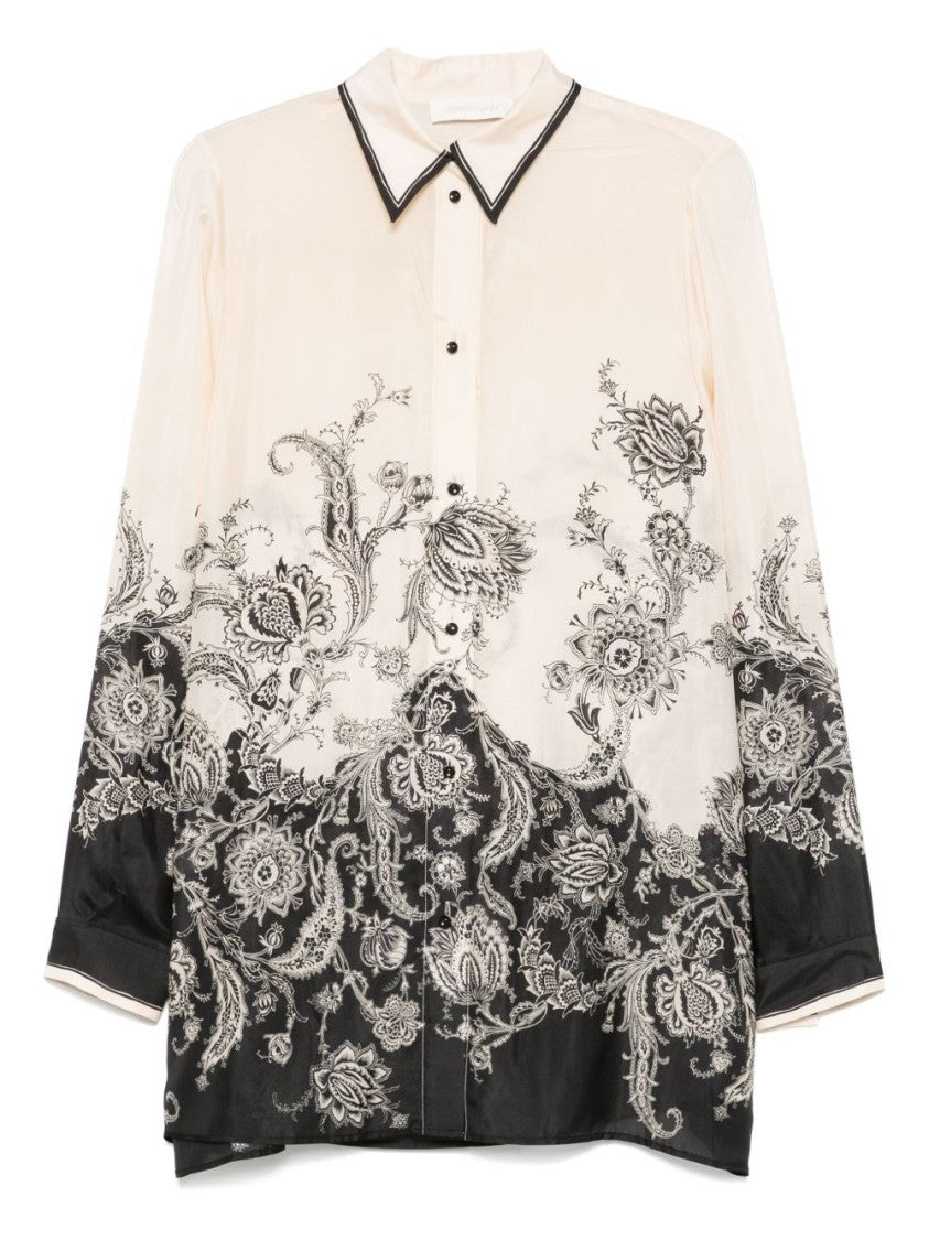 Zimmermann White Floral And Paisley Print Shirt With Contrasting Trim