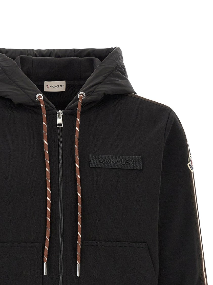 Moncler Brushed Cotton Hoodie With Adjustable Nylon Hood And Tricolor Accents