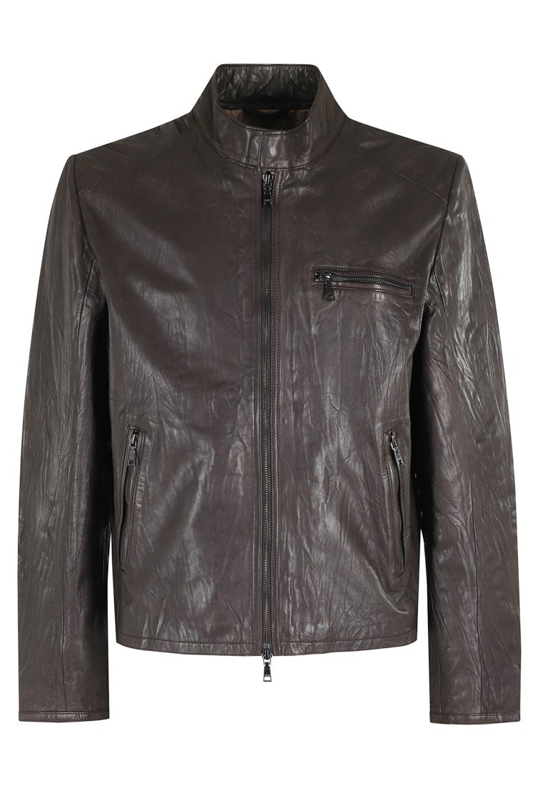 Seventy Brown Round Neck Flap Pocket Leather Jacket