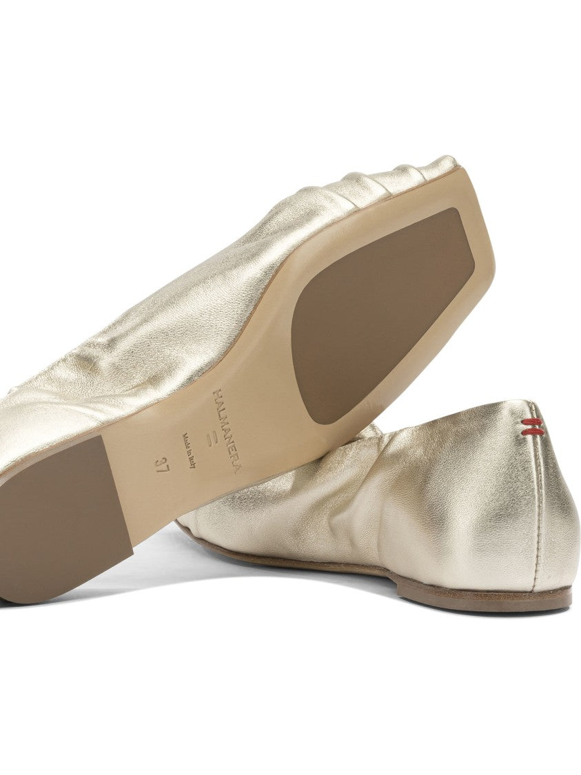 Halmanera Gold Leather Ballerinas With Pleated Detailing