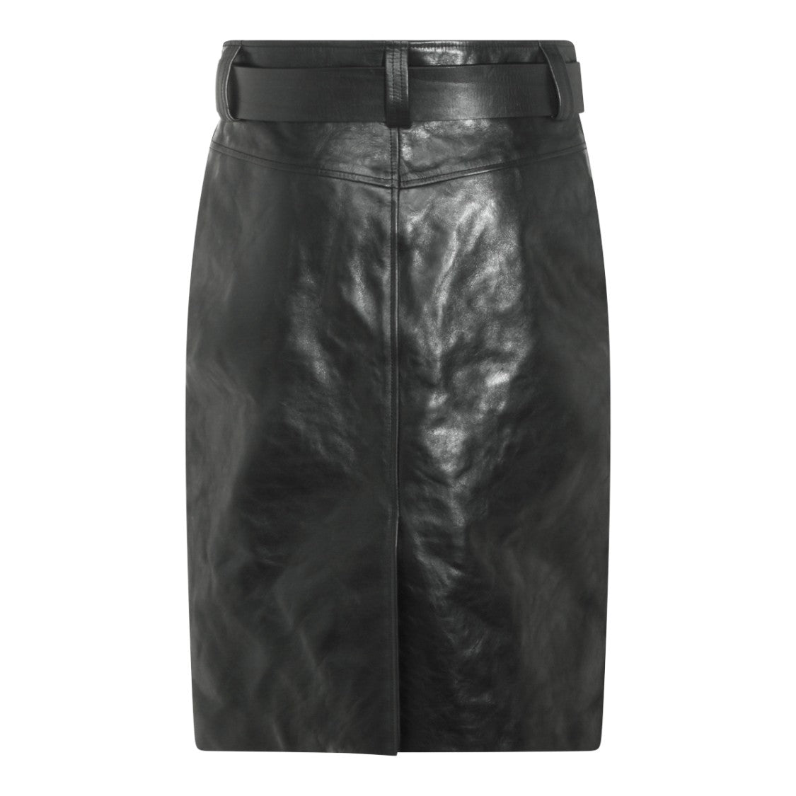 Saint Laurent Smooth Black Leather Midi Skirt With Adjustable Buckle Belt