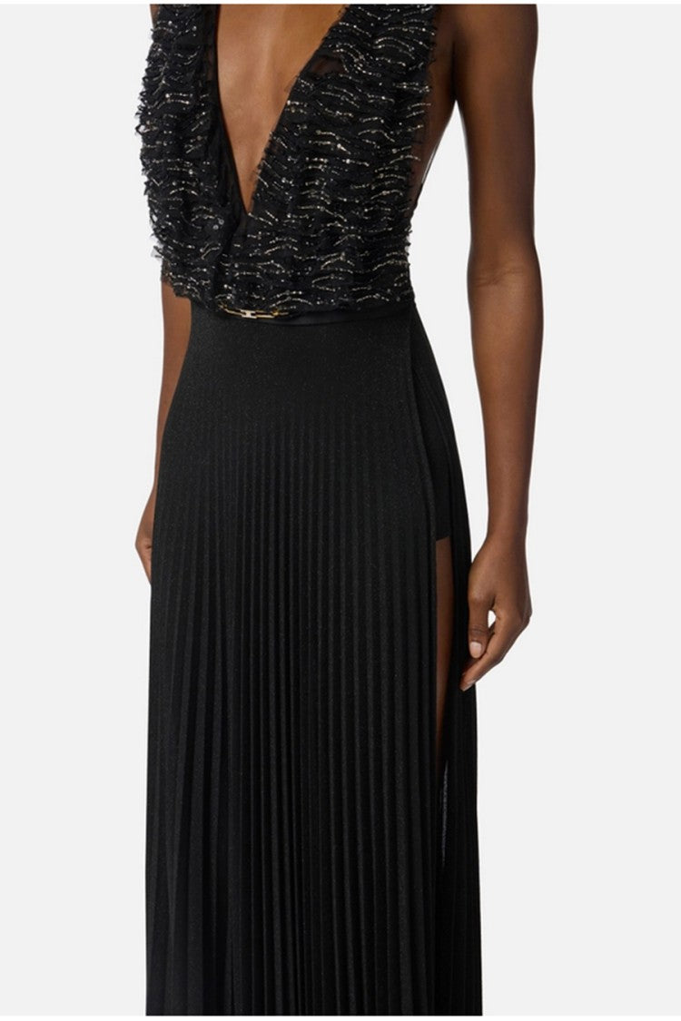 Elisabetta Franchi Black Sheer Lace Bodice Pleated Viscose-Blend Maxi Dress