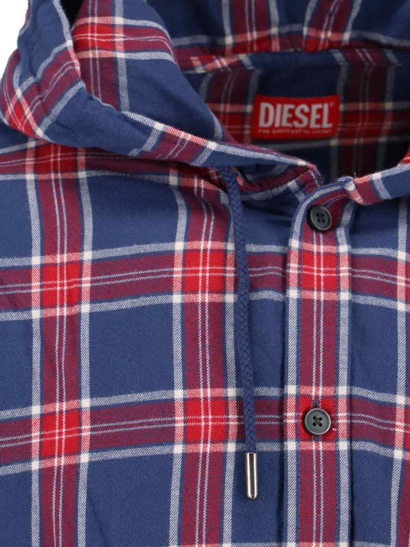 Diesel Hooded Plaid Shirt With Button-Down Front And Logo Detail