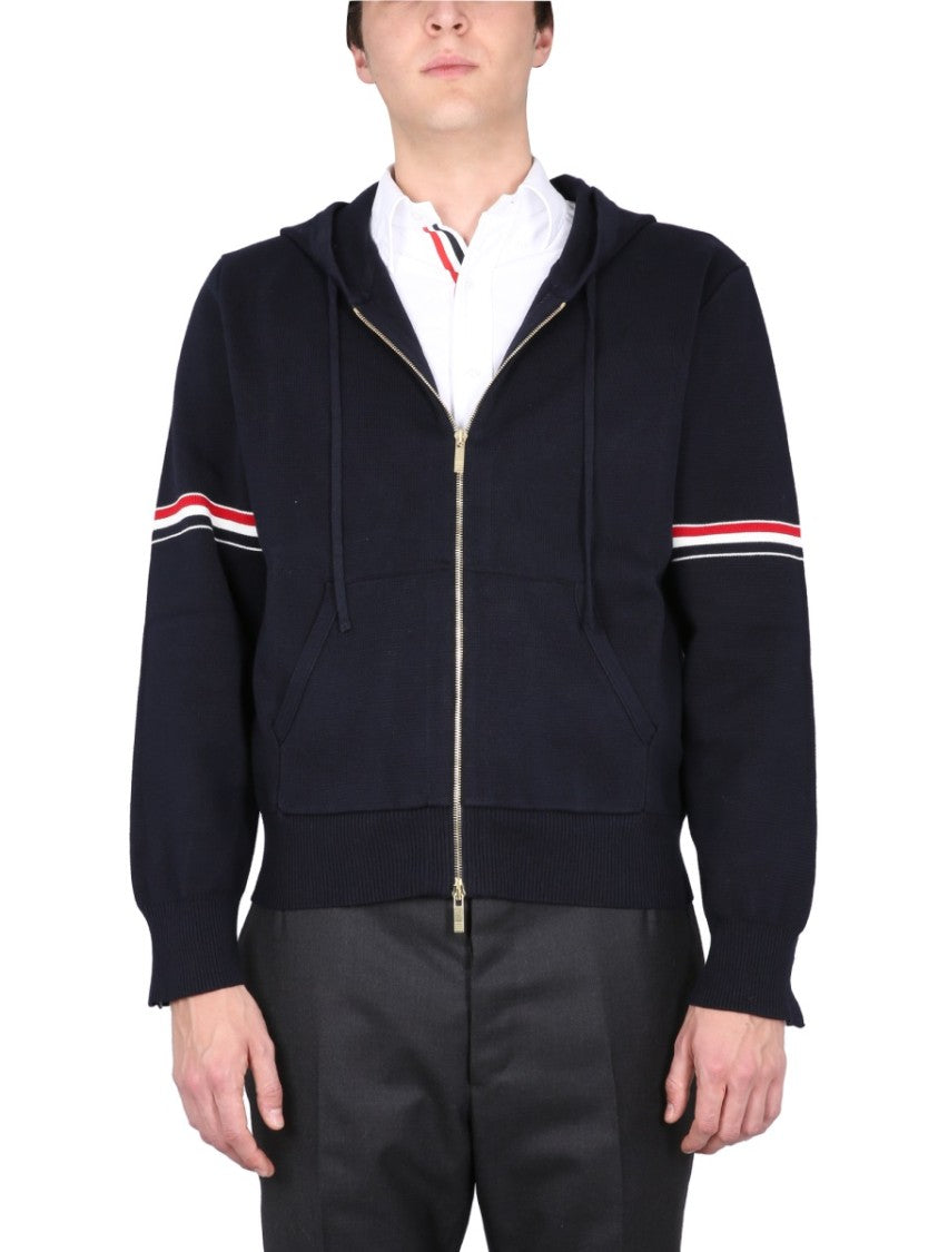 Thom Browne Zip-Up Hoodie With Drawstring And Contrast Stripes
