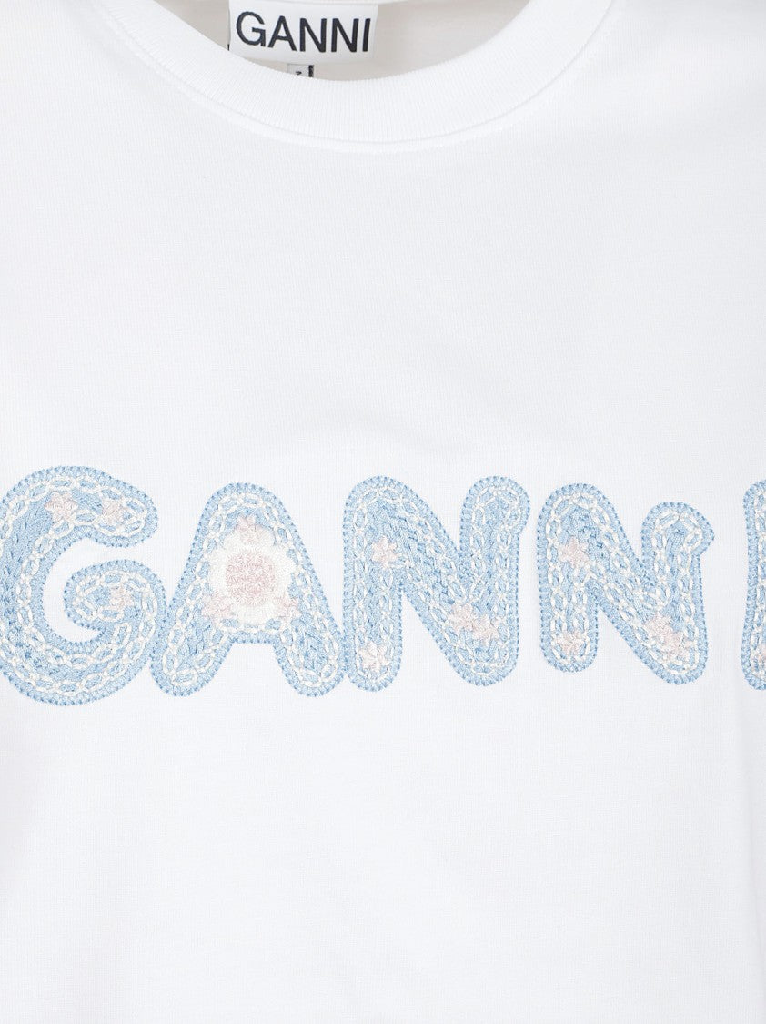 Ganni Embroidered White Short-Sleeved T-Shirt With Relaxed Fit