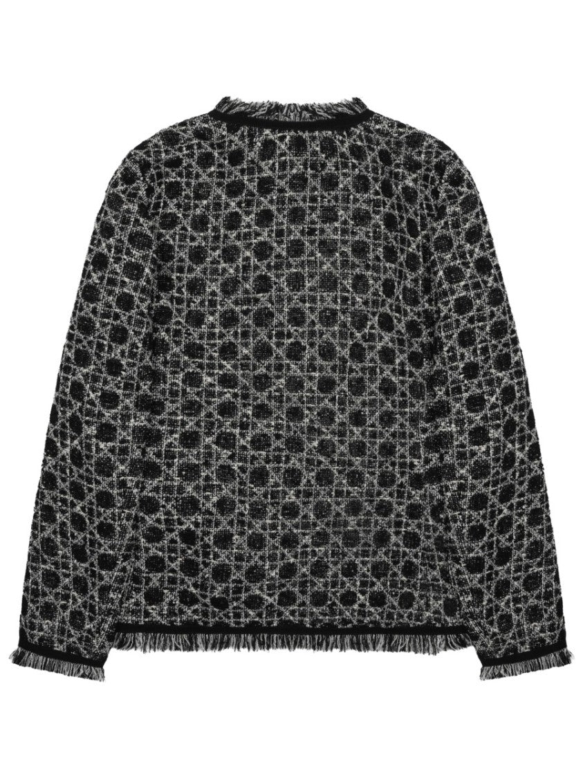 Dior Textured Tweed Jacket With Geometric Pattern And Fringed Details