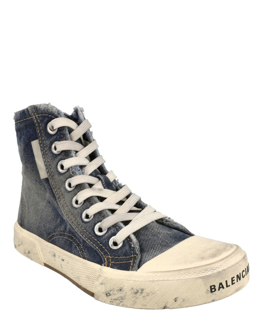 Balenciaga Faded Denim High-Top Sneakers With Frayed Trim And Distressed Sole
