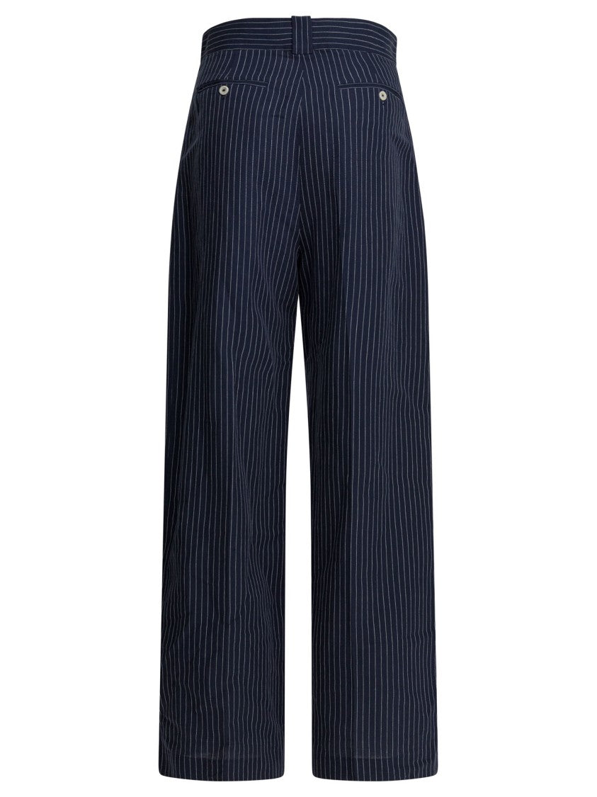 Ines De La Fressange Navy Pinstriped Wide-Leg Trousers With Double-Button Waistband