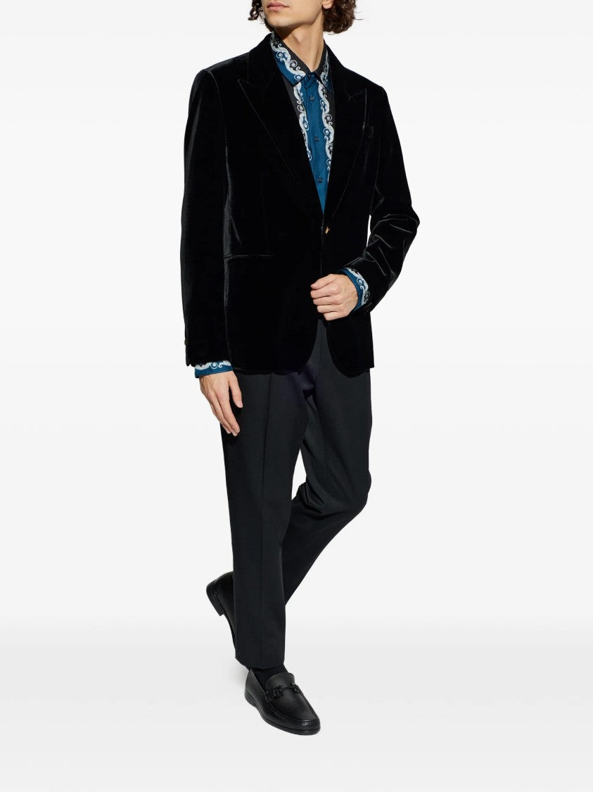 Versace Blue Baroque-Print Silk Long-Sleeve Shirt