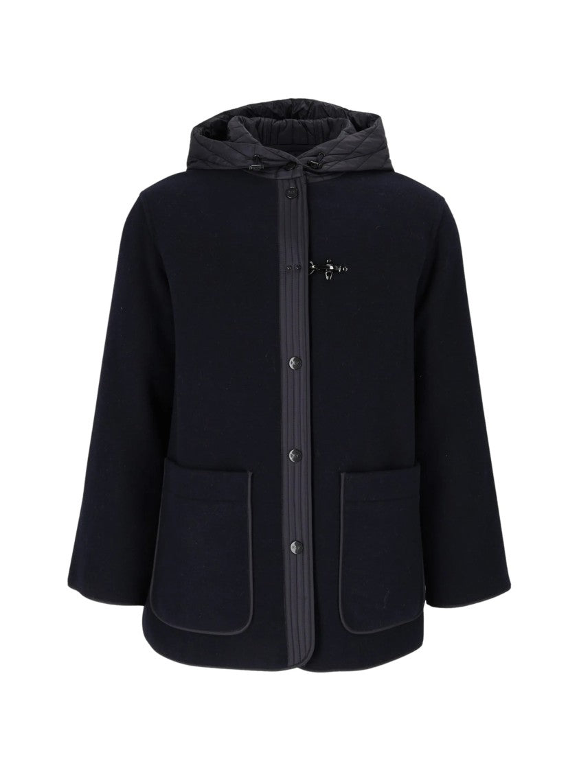 Fay Navy Blue Felted Wool-Blend Hooded Peacoat