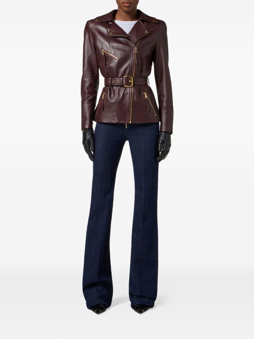 Elisabetta Franchi Belted Burgundy Lamb Leather Jacket