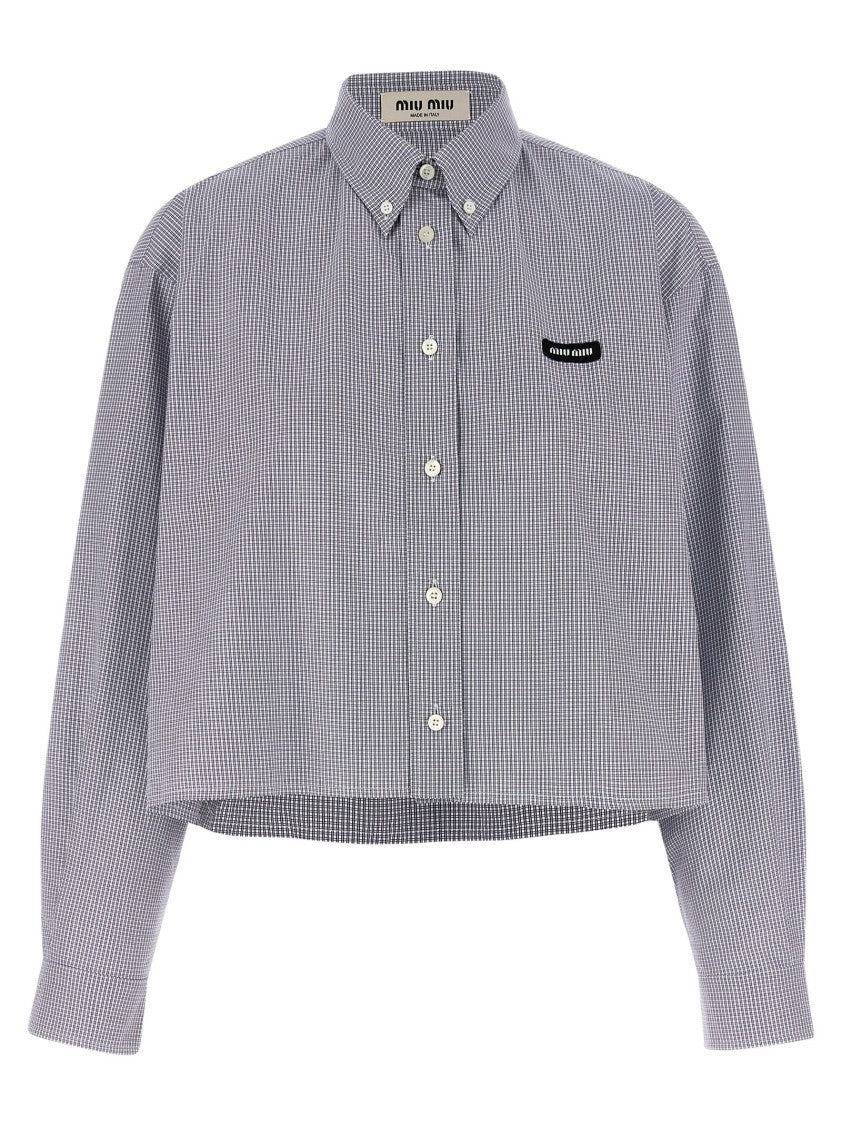Miu Miu Cropped Blue Checkered Cotton Poplin Shirt With Button-Down Collar