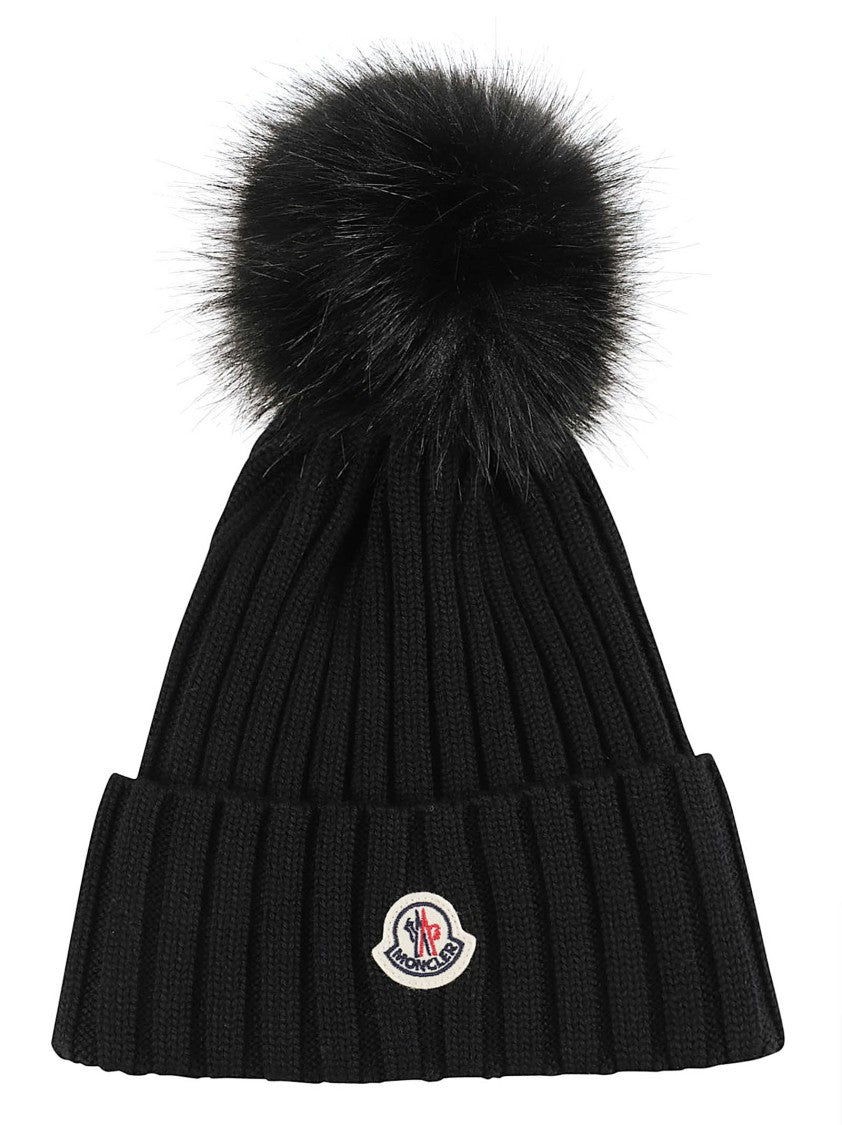 Moncler Tricot Ribbed Knit Fluffy Pom-Pom Beanie