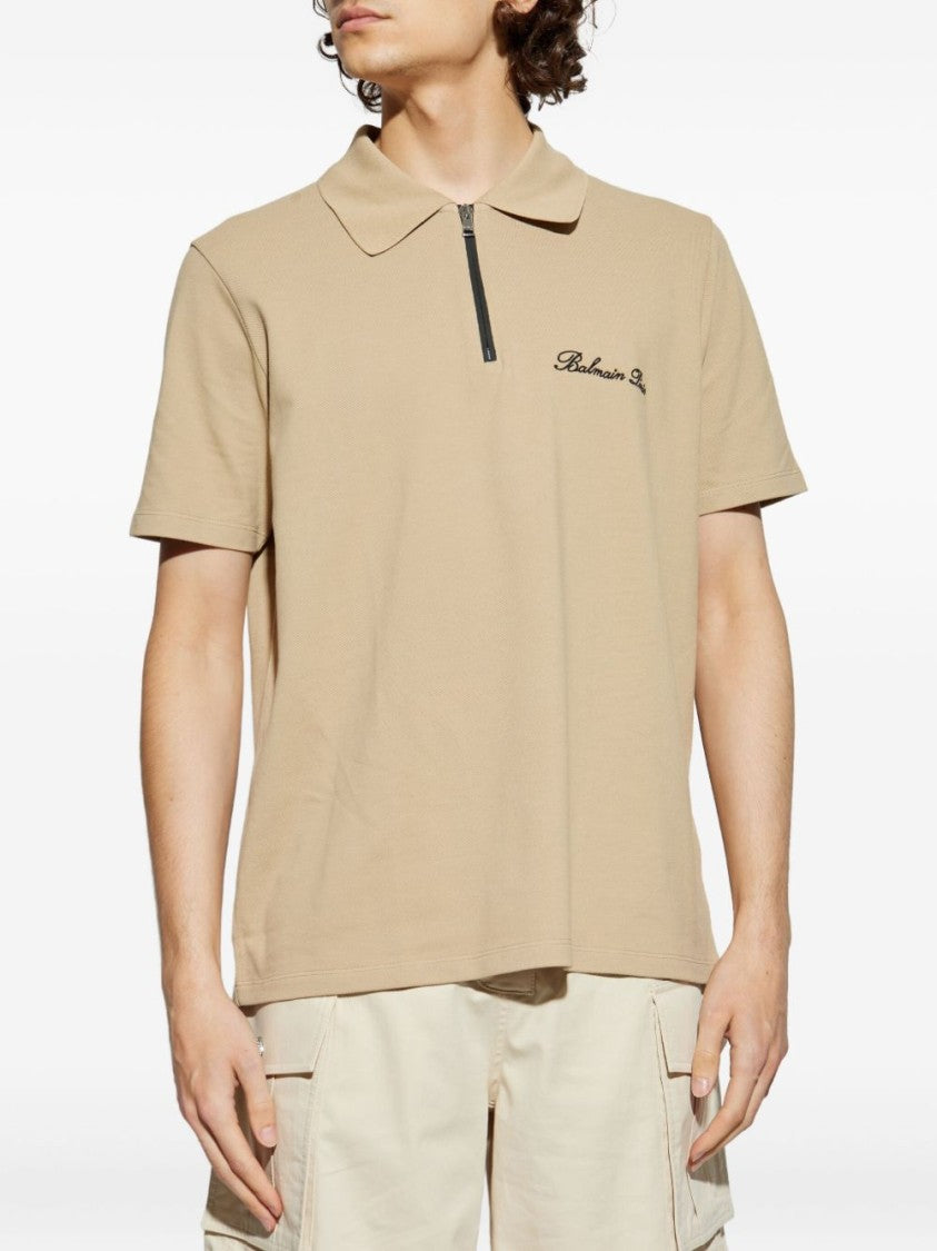 Balmain Beige Zip Fastening Embroidered Logo Polo