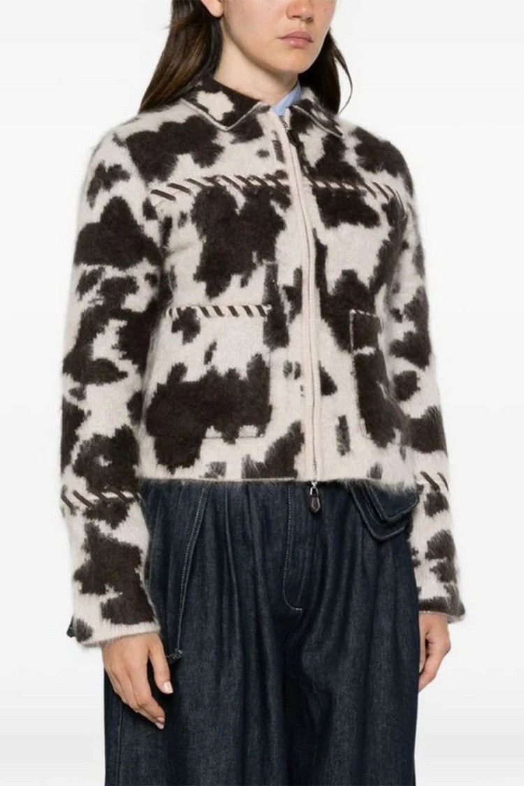 Guest In Residence Cream Grizzly Cowhide-Print Cropped Zip-Front Cashmere Jacket