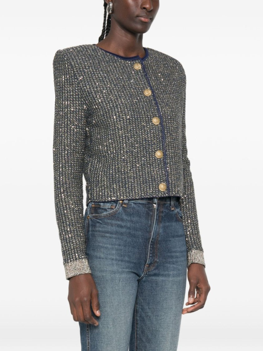 Balmain Cropped Textured Structured Metallic Jacket