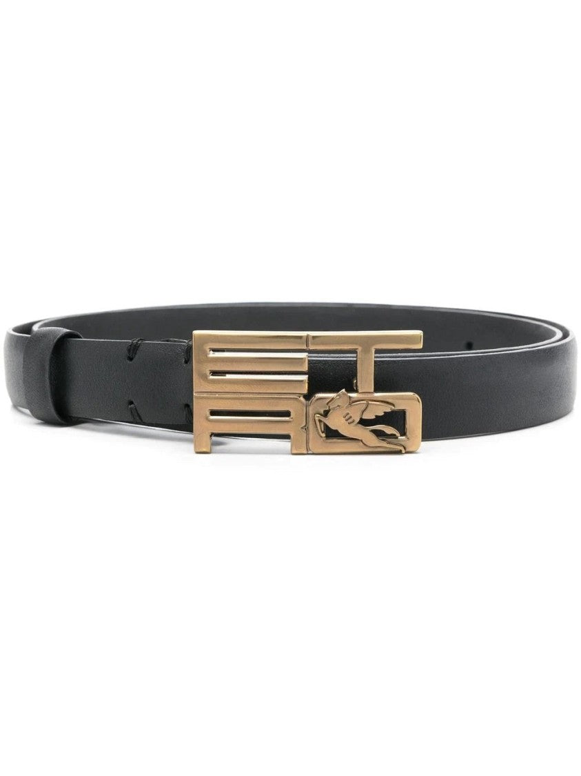 Etro Elegant Black Leather Belt With Gold-Tone Buckle