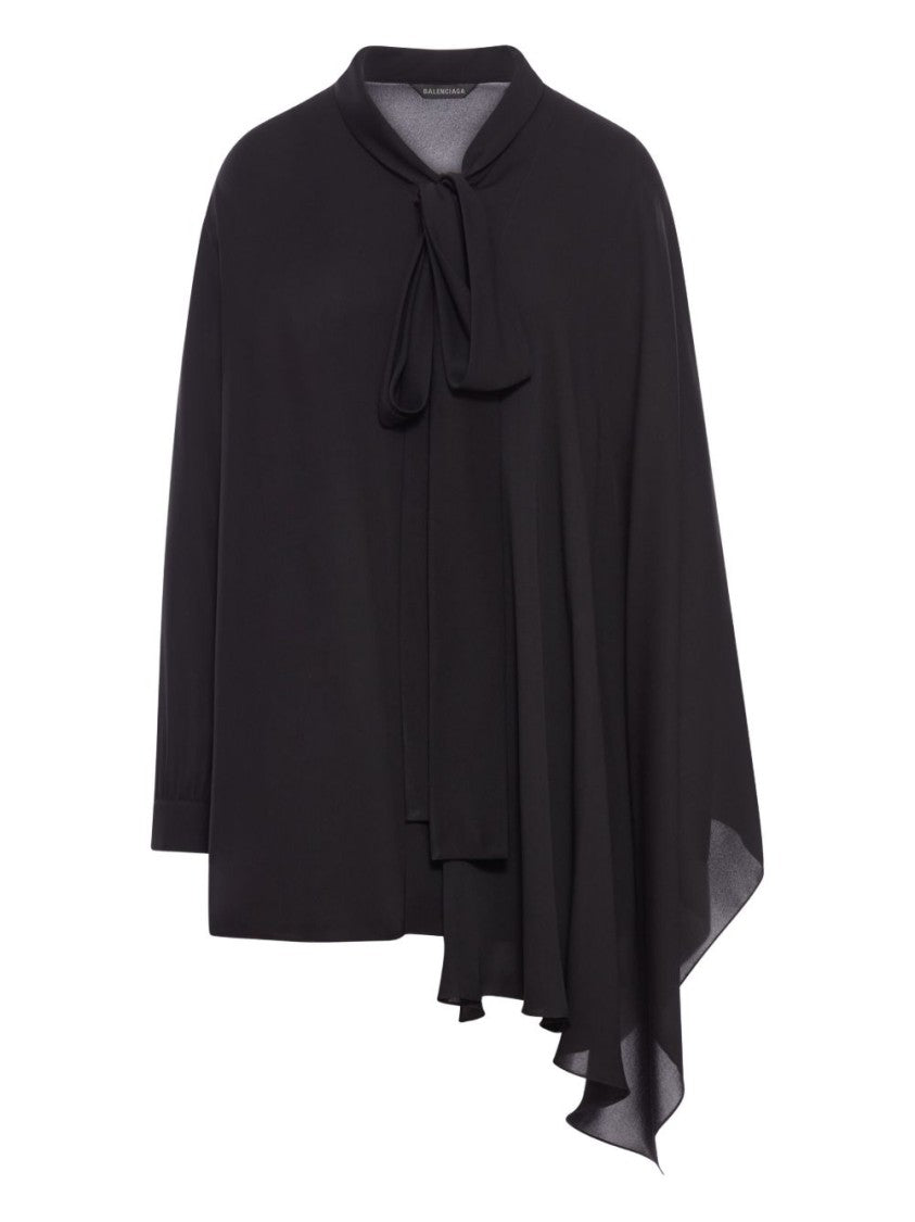 Balenciaga Asymmetrical Black Washed Silk Georgette Blouse With Lavallière Collar