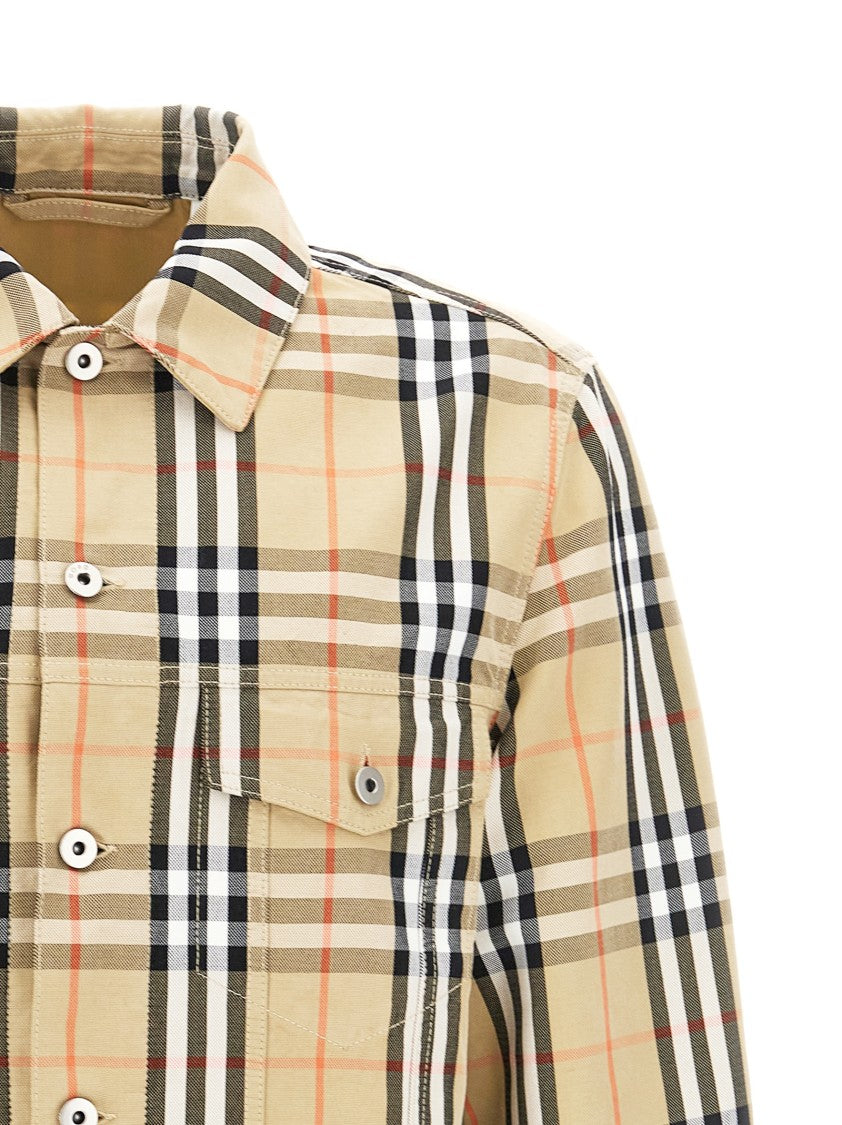 Burberry Check Cotton Jacket With Button Closure And Suede Logo Tag