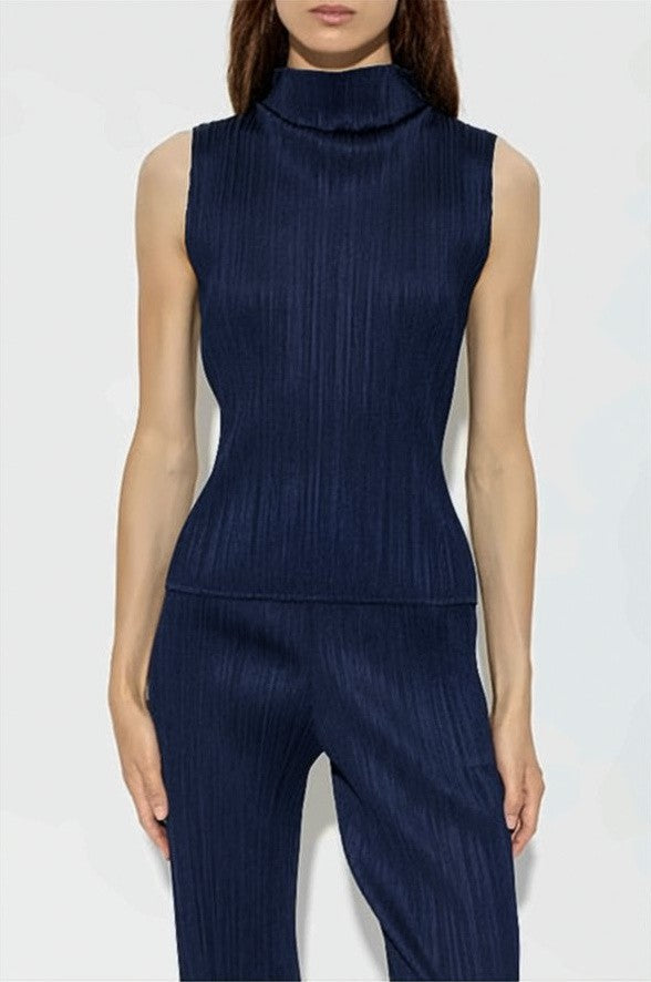 Pleats Please Textured Pleated Sleeveless Top With High Neckline