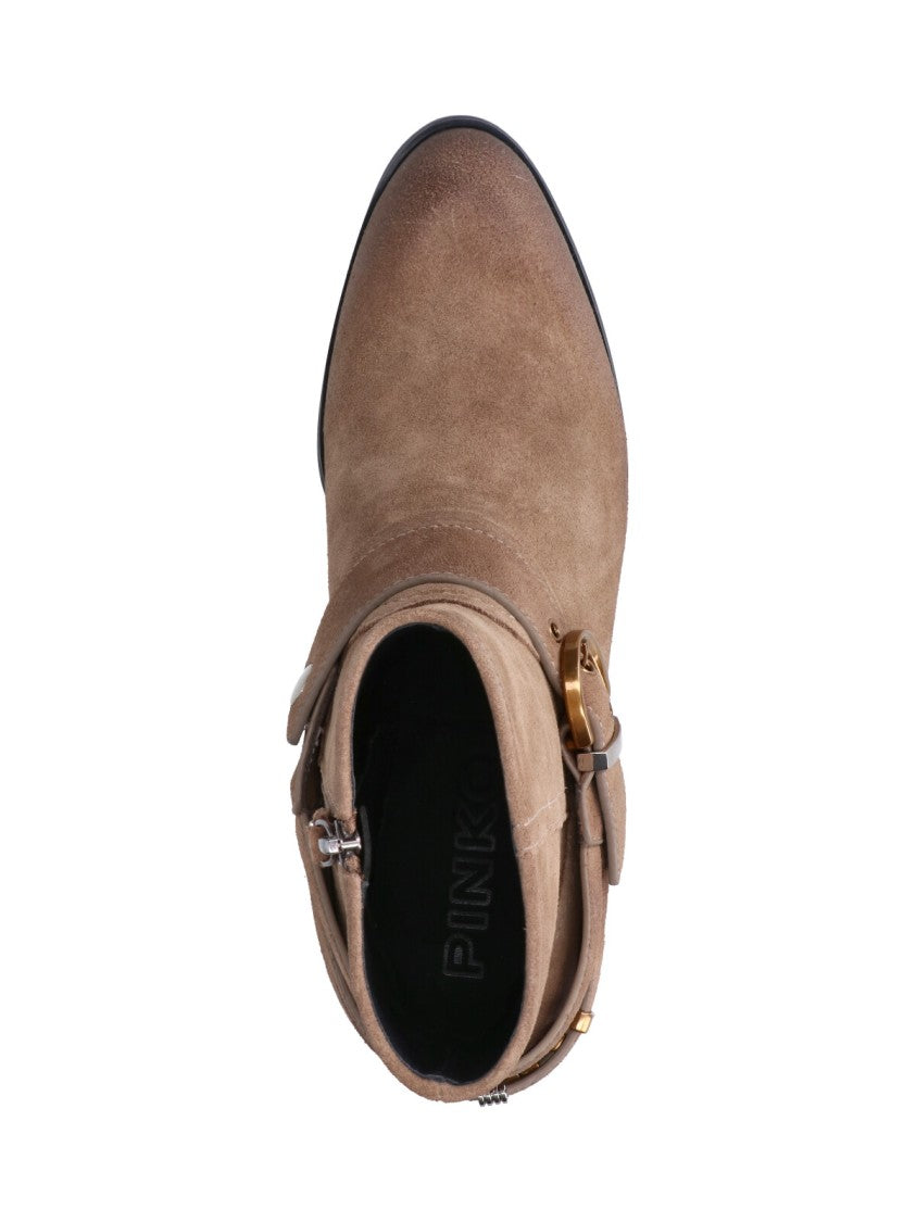 Pinko Beige Buckle Suede Boots