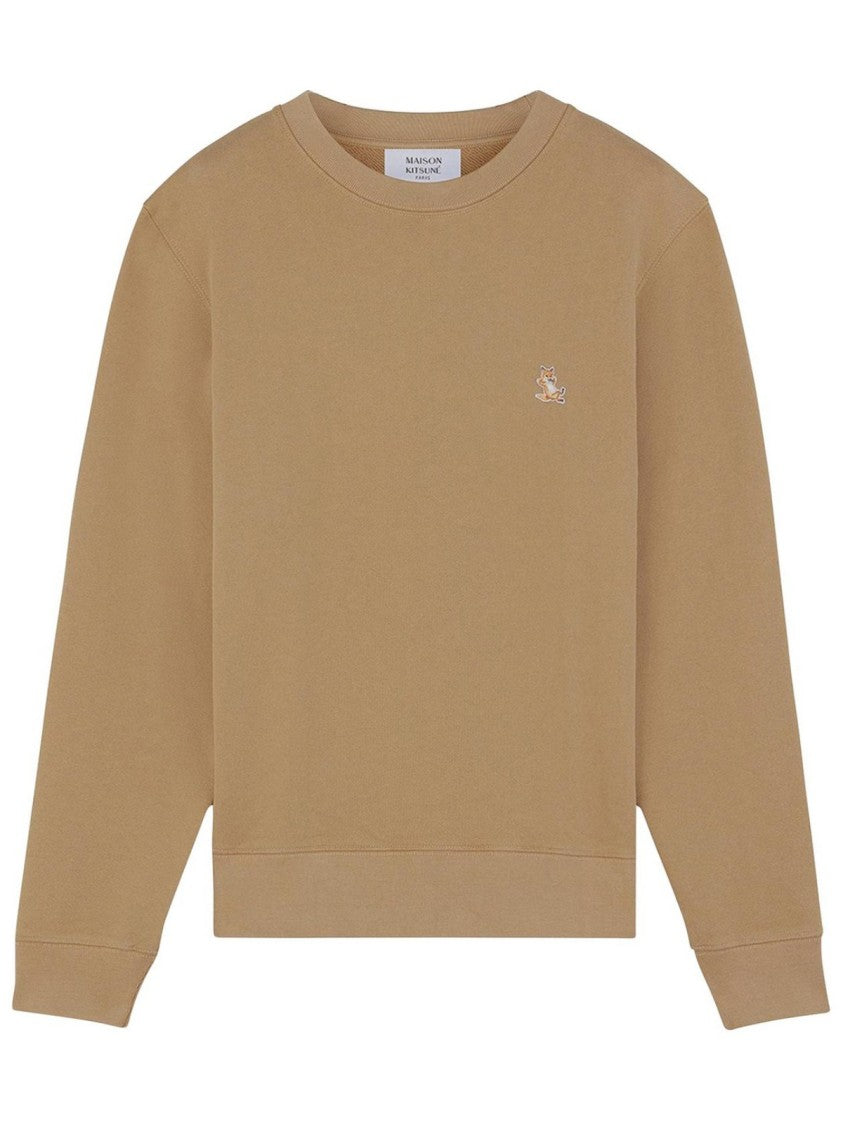 Maison Kitsuné Long-Sleeve Cotton Crewneck Shirt With Minimalist Embroidery