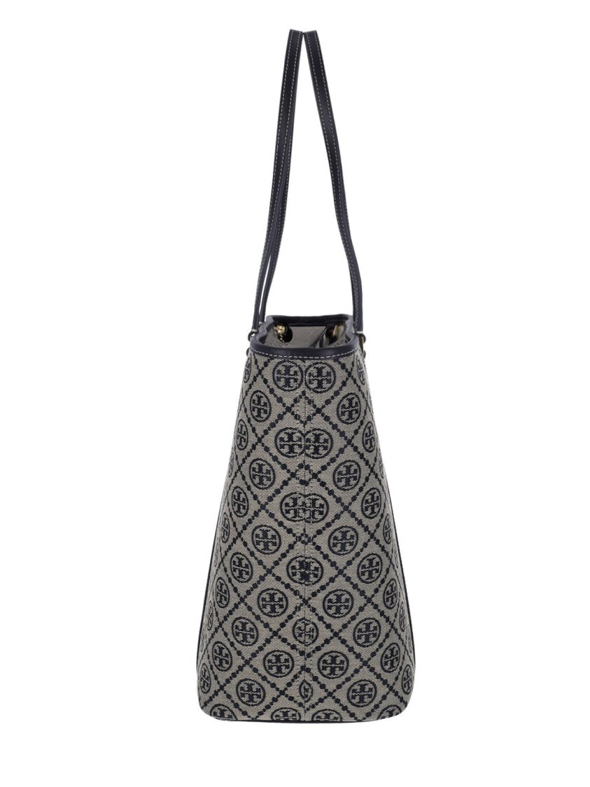 Tory Burch T Monogram Beige Blue Jacquard Large Tote Bag