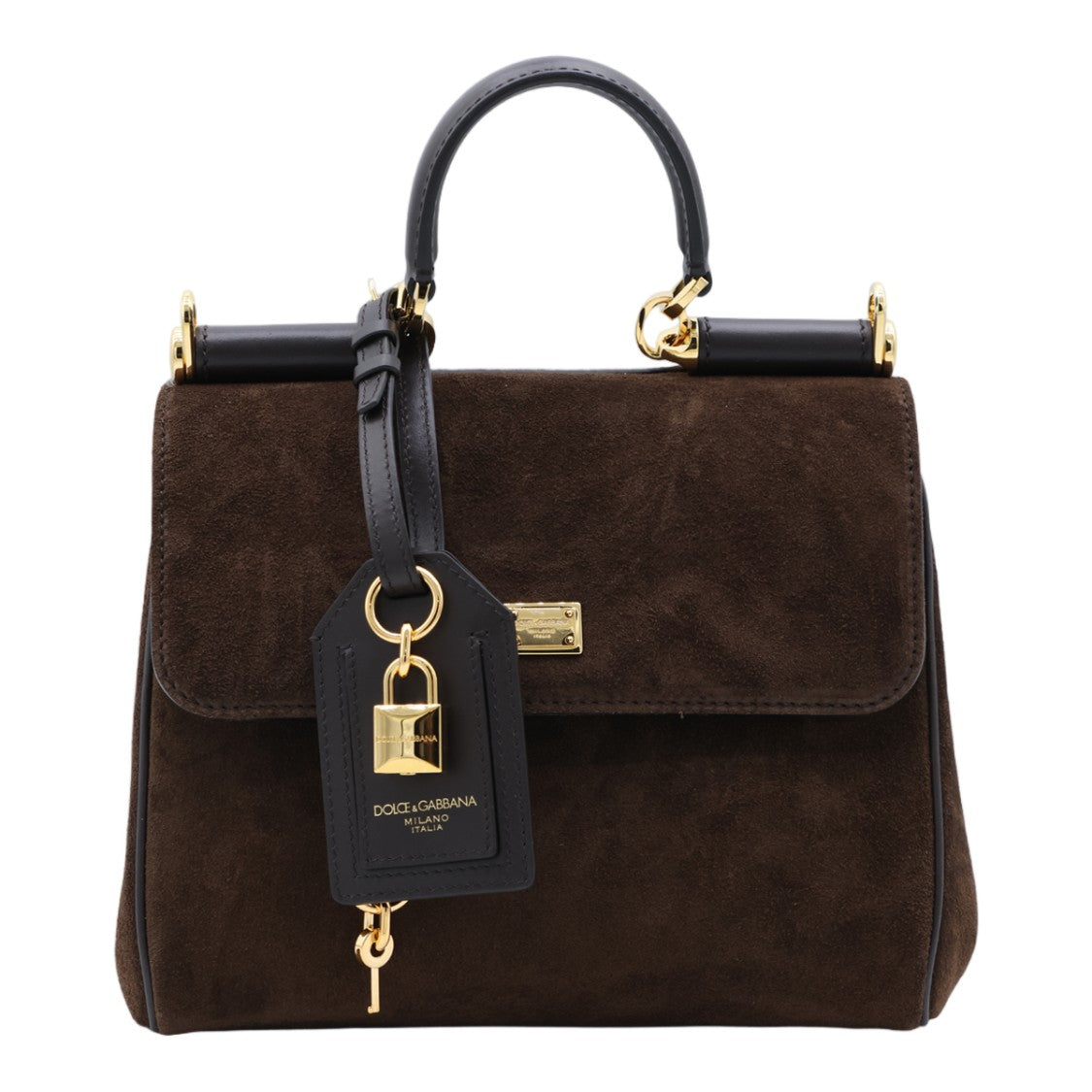 Dolce & Gabbana Structured Handbag In Dark Brown Suede With Black Leather Accents
