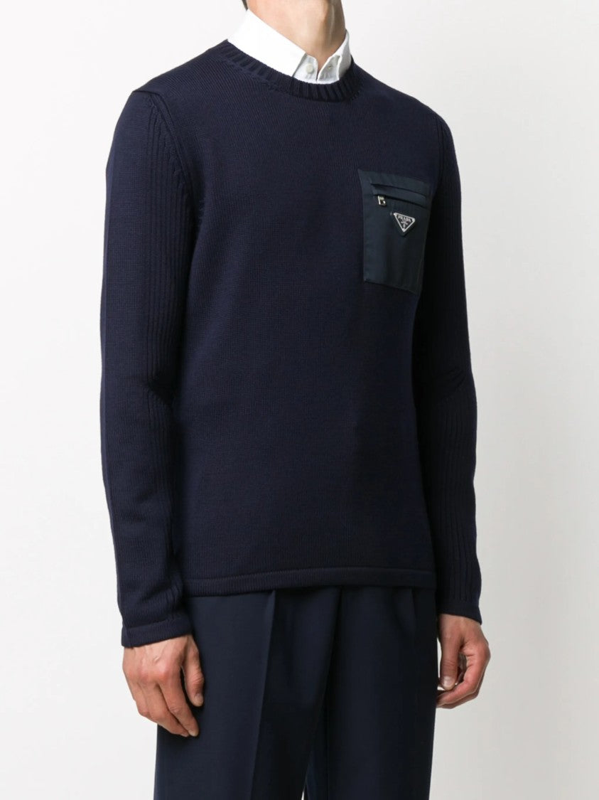 Prada Navy Blue Knit Sweater With Zippered Chest Pocket