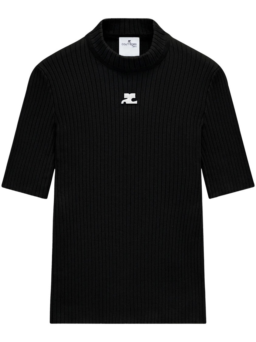 Courrèges Ribbed High Neck Black Jumper With Logo Detail