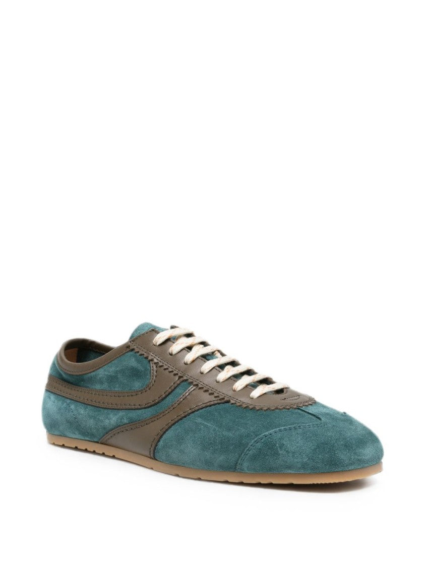 Dries Van Noten Teal Suede And Dark Brown Leather Sneakers With Minimalist Design