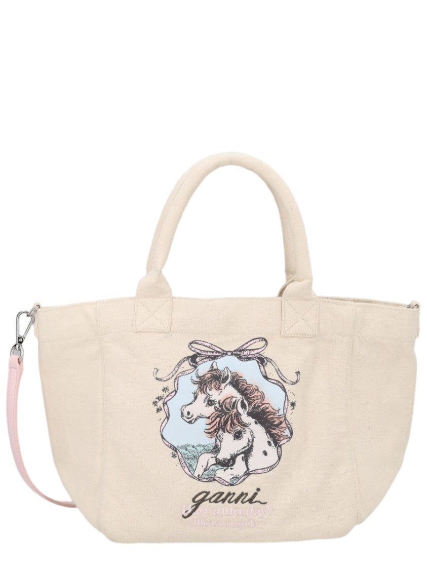 Ganni Spacious Beige Tote Handbag With Artistic Horse Illustration