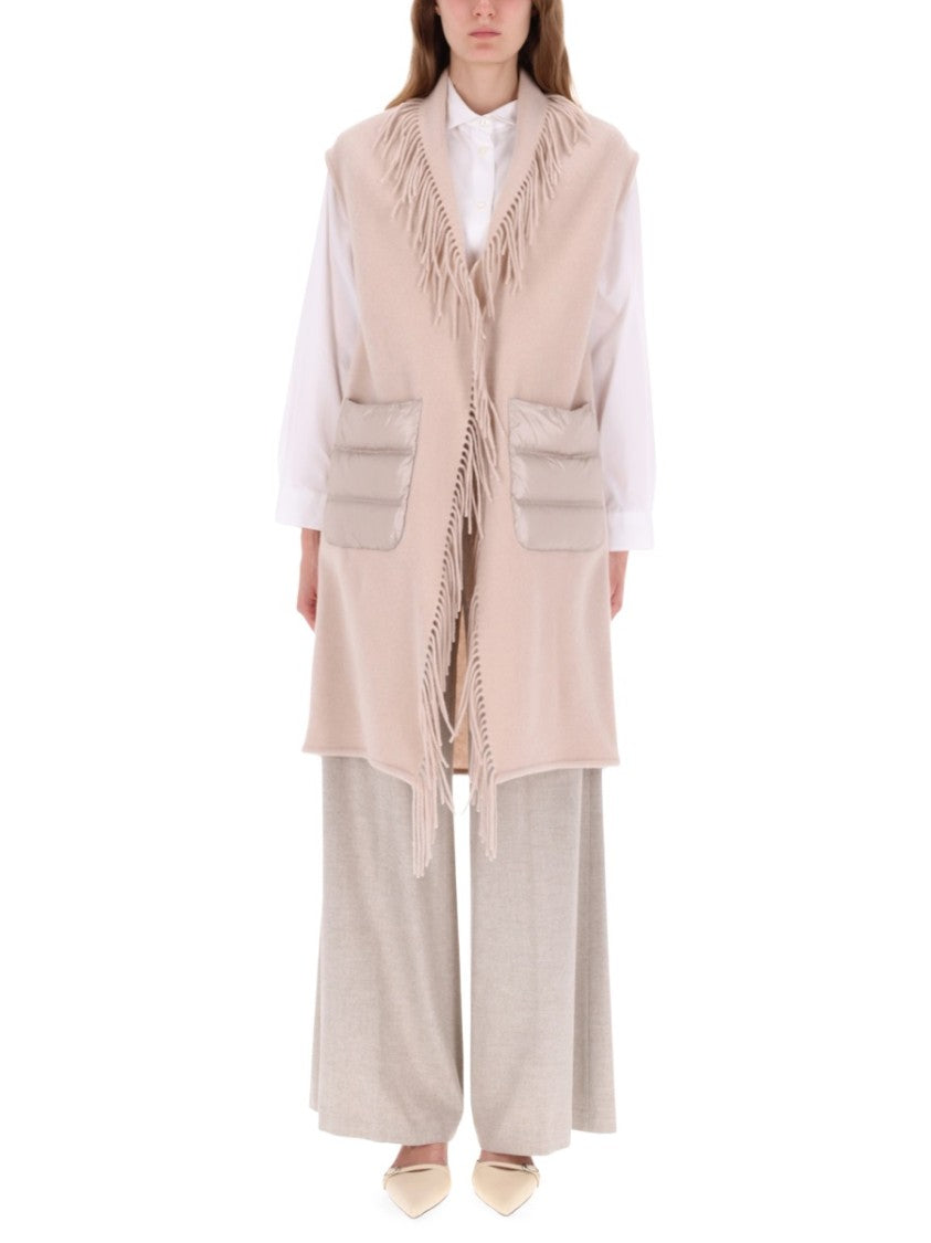 Herno Fringed Neutral Tone Vest With Quilted Patch Pockets