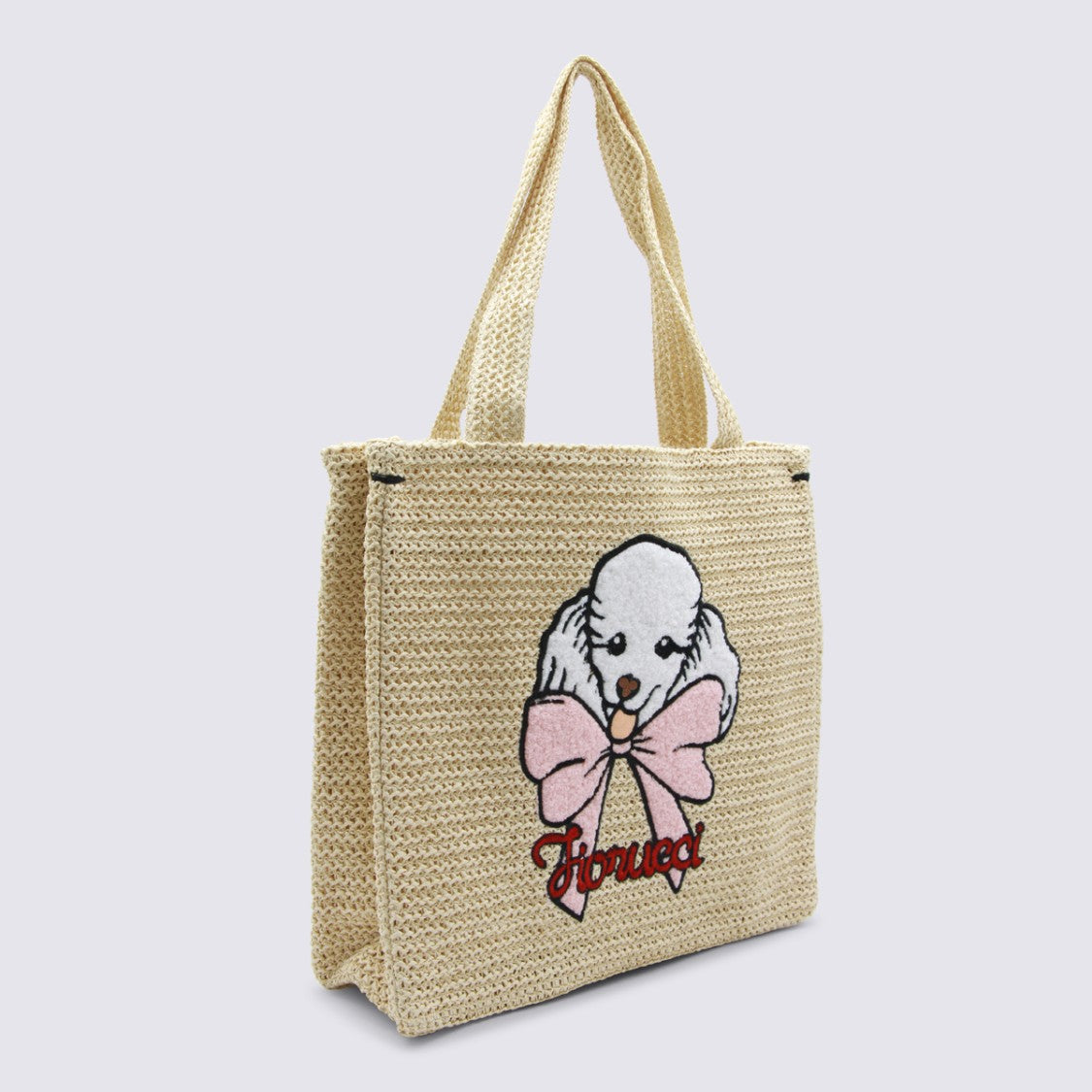 Fiorucci Textured Beige Woven Tote Bag With Poodle Embroidery