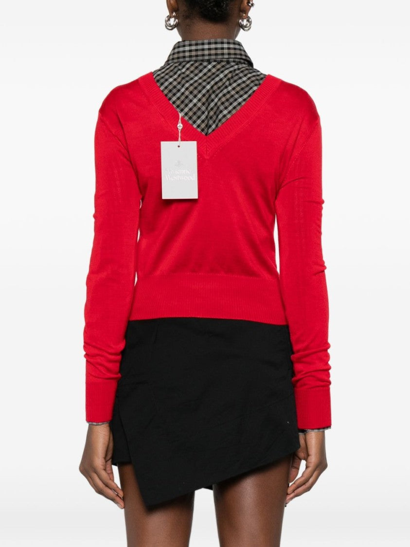 Vivienne Westwood Red V-Neck Orb Logo Ribbed Sweater