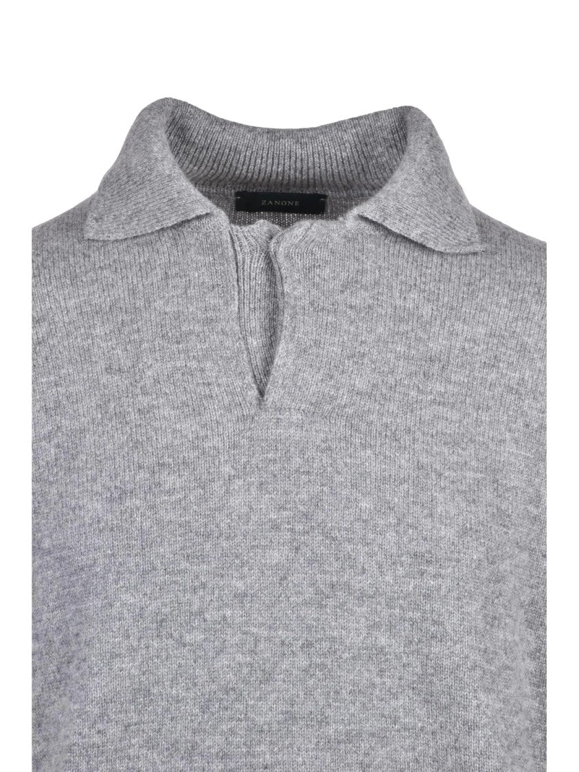 Zanone Grey Heathered Virgin Wool Knitted Polo Shirt