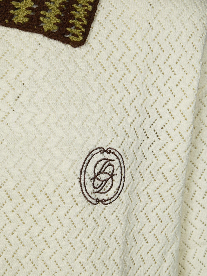 Drôle De Monsieur White Open Knit Striped Polo Shirt
