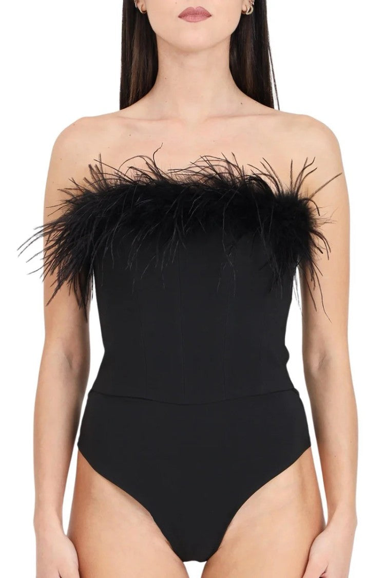 Santas* Black Strapless Feather Bodysuit