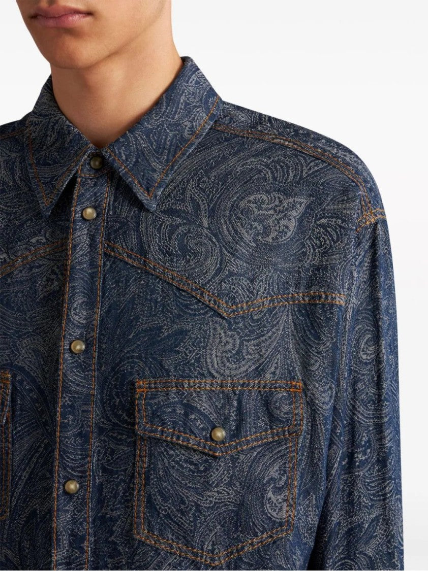 Etro Button-Up Denim Overshirt With Paisley Pattern