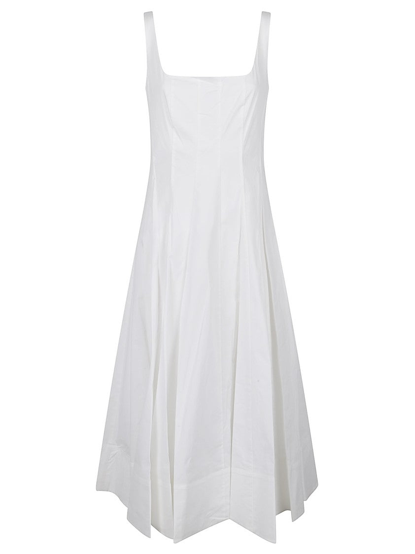 Staud White Wells Pleated A-Line Cotton-Blend Midi Dress