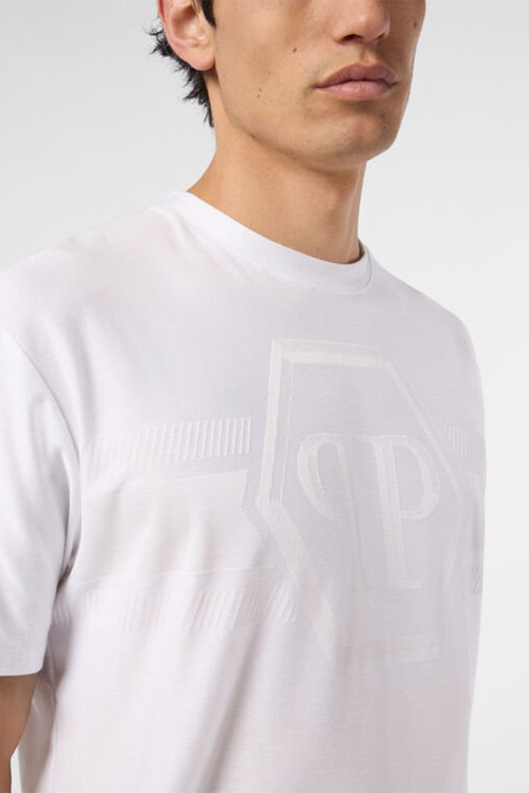 Philipp Plein White Tonal Jacquard Hexagon Line Cotton-Blend T-Shirt
