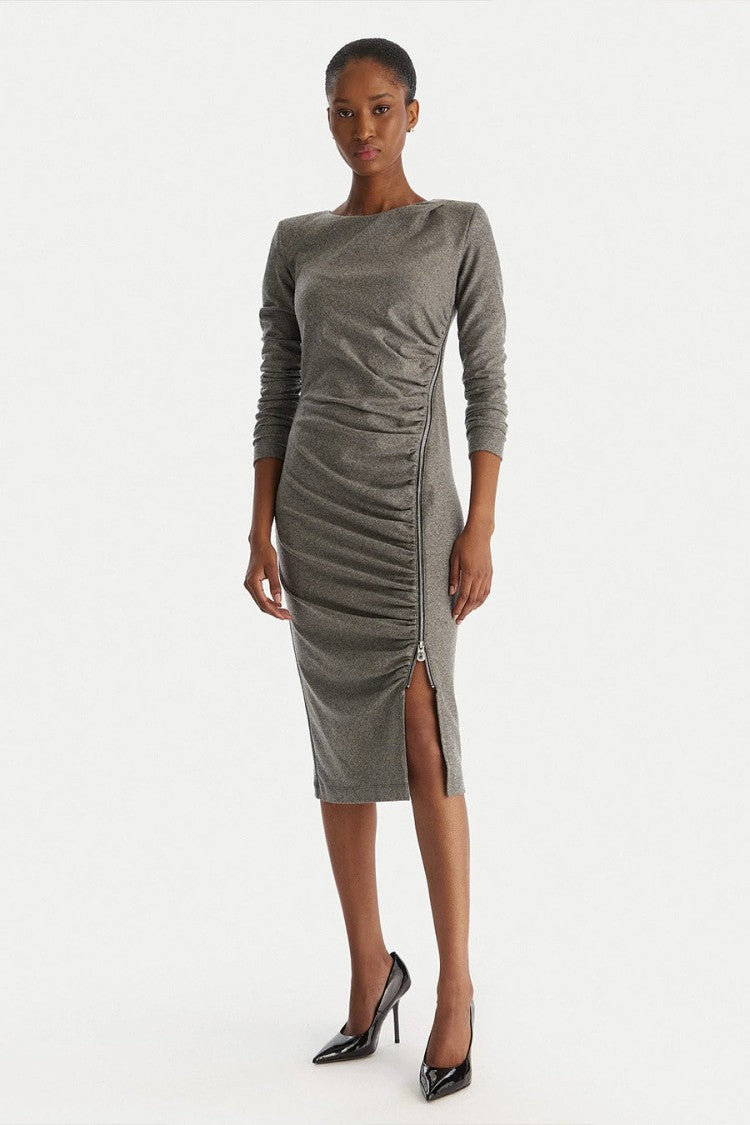 Pinko Grey Ruched Long-Sleeve Polyester-Blend Midi Dress