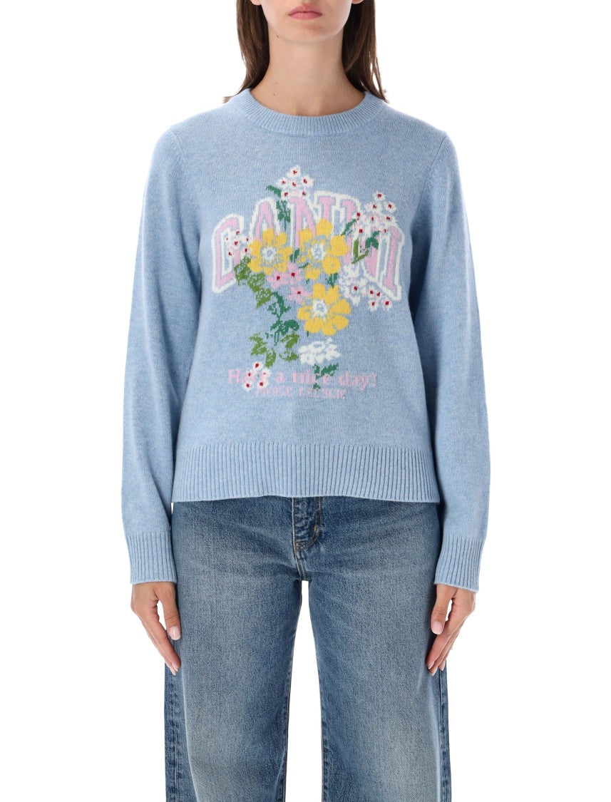 Ganni Playful Floral Graphic Wool Sweater With Ribbed Details