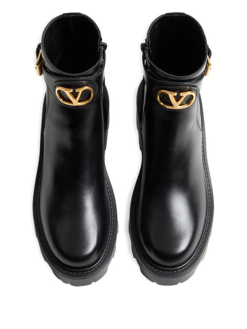Valentino Black Leather Ankle Boots With Gold-Tone Logo And Chunky Sole