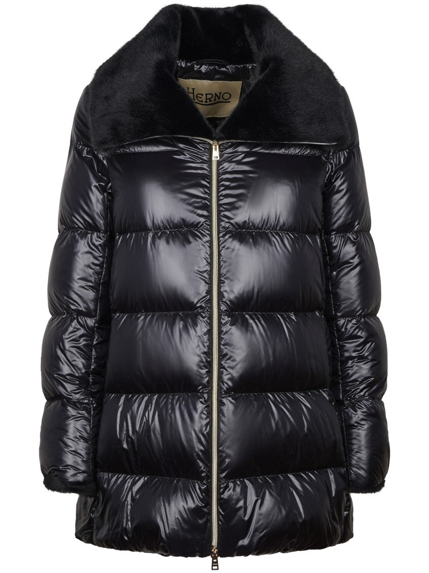 Herno Glossy Quilted Short Coat With Plush Collar And Metallic Details