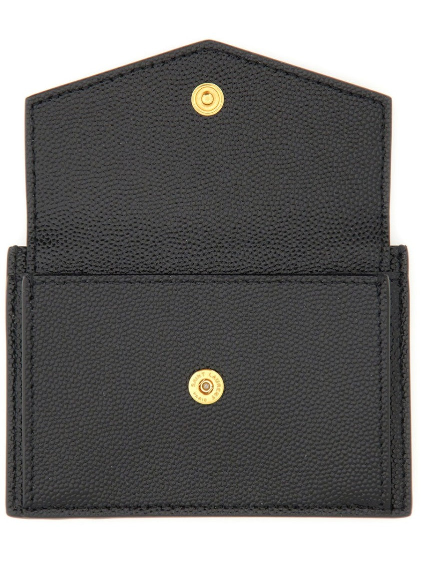 Saint Laurent Textured Calfskin Card Holder With Gold-Tone Closure