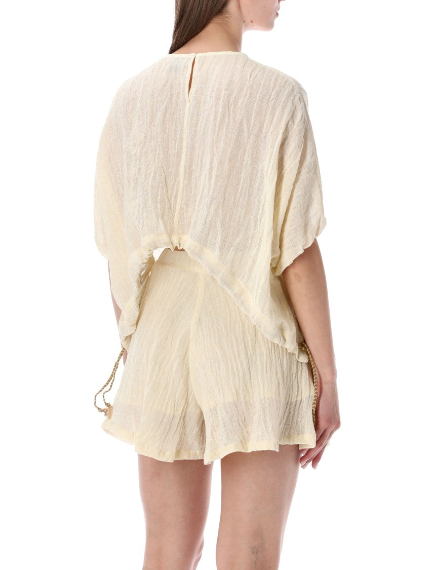 120% Lino Camicia Textured Ruffle Crop Top