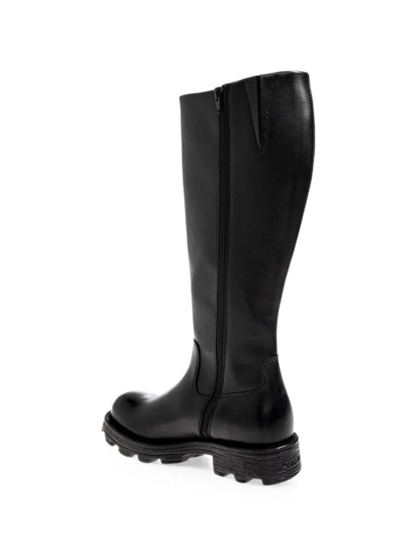 Diesel Knee-High Black Leather Boots With Metallic Accent